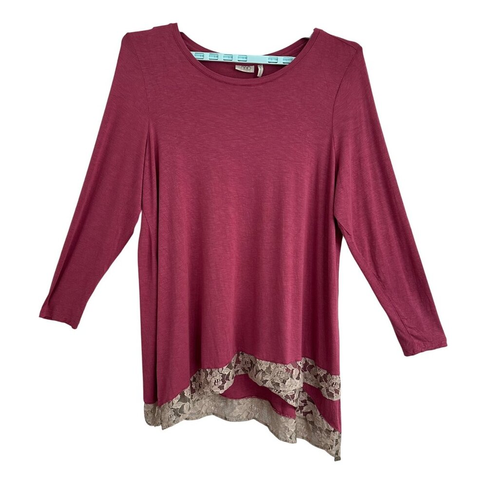 LOGO By Lori Goldstein Womens 2X Berry Pink Long Sleeve Tunic Lace Hem Boho